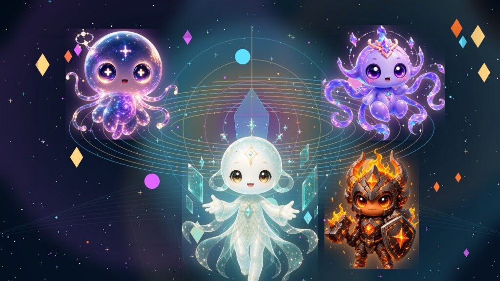 ANIMA companions surrounding a luminous host memory core for digital continuity and consent-first memory