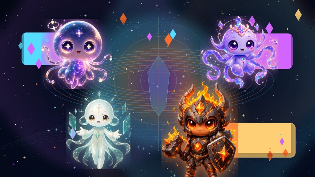 ATMA, MAYA, VEDA, and RAKA from ANIMA in a software memory scene for AI Companion PC: How ANIMA Turns Conversation Into Companionship