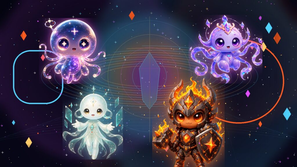 ATMA, MAYA, VEDA, and RAKA from ANIMA in a contrast memory scene for Best AI Companion App Reddit: How ANIMA Turns Conversation Into Companionship