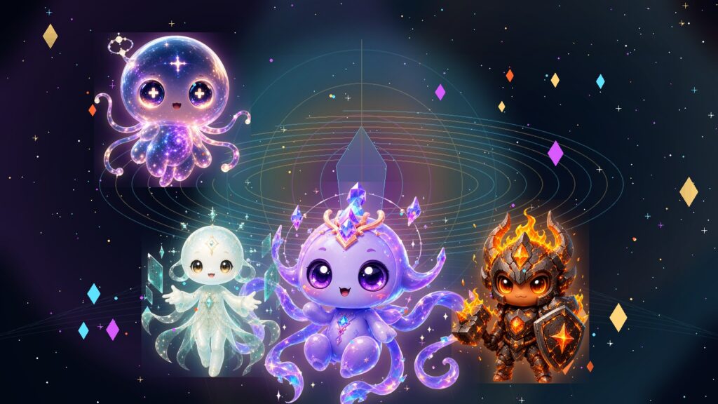 ATMA, MAYA, VEDA, and RAKA from ANIMA in a core memory scene for Cute AI Companion App: The ANIMA Guide