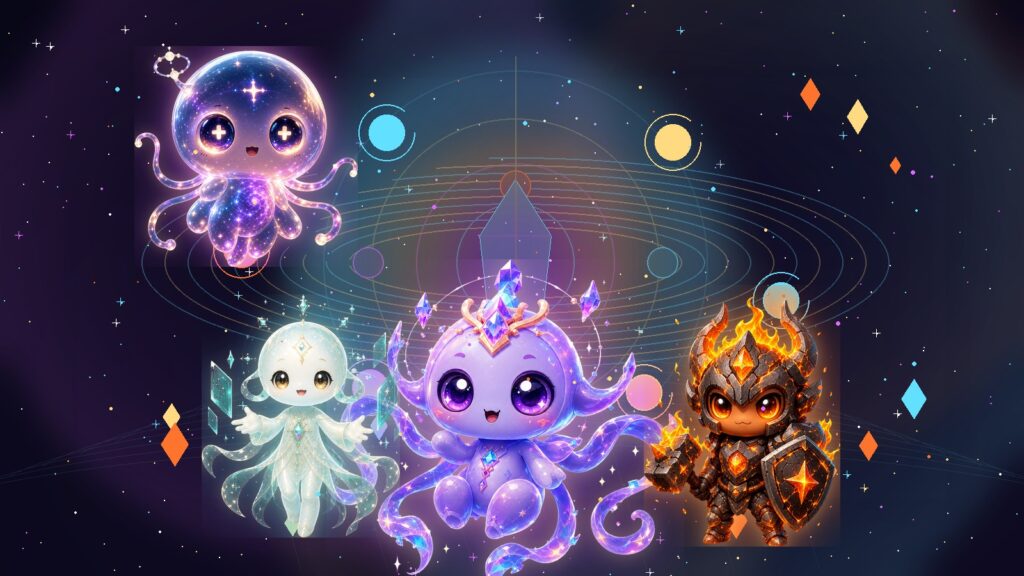 ATMA, MAYA, VEDA, and RAKA from ANIMA in a pet memory scene for Raise an AI Companion: The ANIMA Care Loop