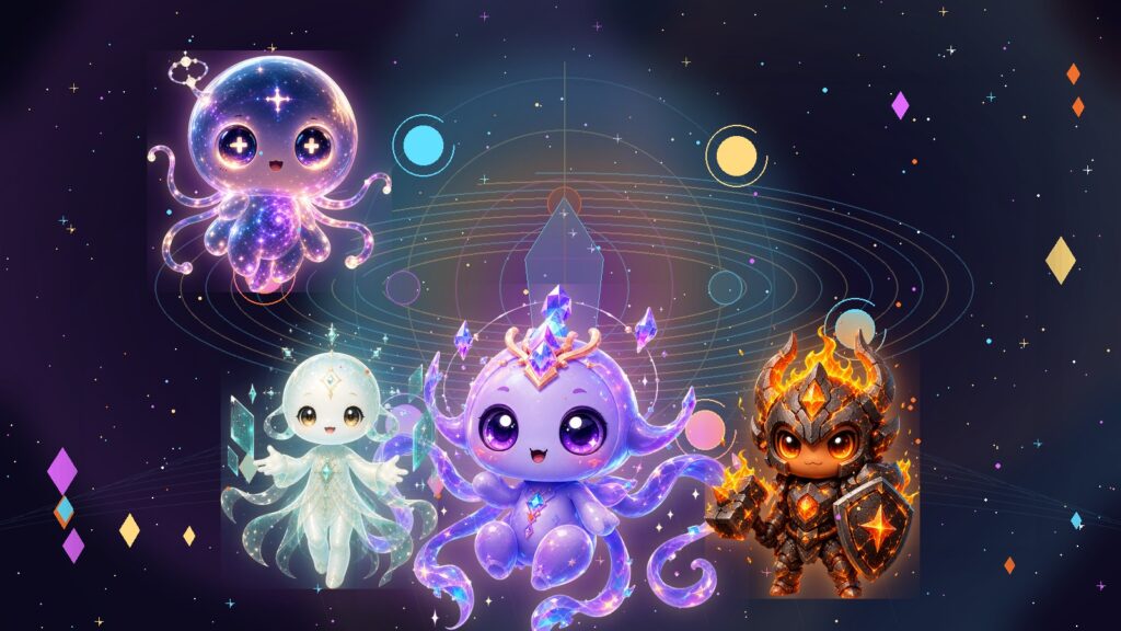 ATMA, MAYA, VEDA, and RAKA from ANIMA in a pet memory scene for Tamagotchi Site: From Digital Pet Nostalgia to ANIMA