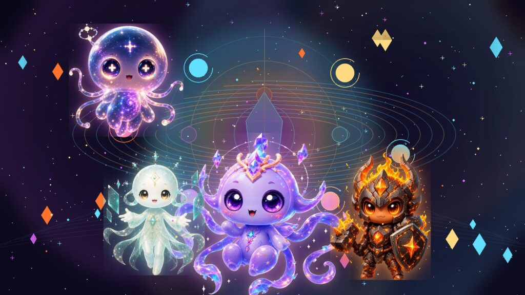 ATMA, MAYA, VEDA, and RAKA from ANIMA in a pet memory scene for Tamagotchi Web to ANIMA: The Evolution of Digital Companions