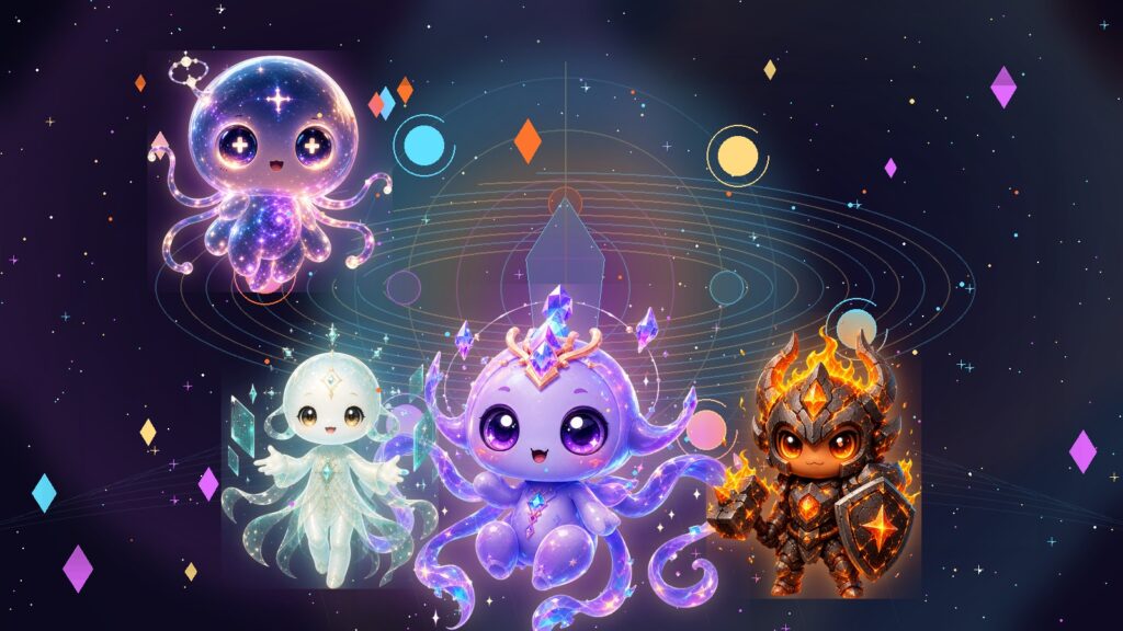 ATMA, MAYA, VEDA, and RAKA from ANIMA in a pet memory scene for Tamagotchi Website Searches and the New AI Companion Category